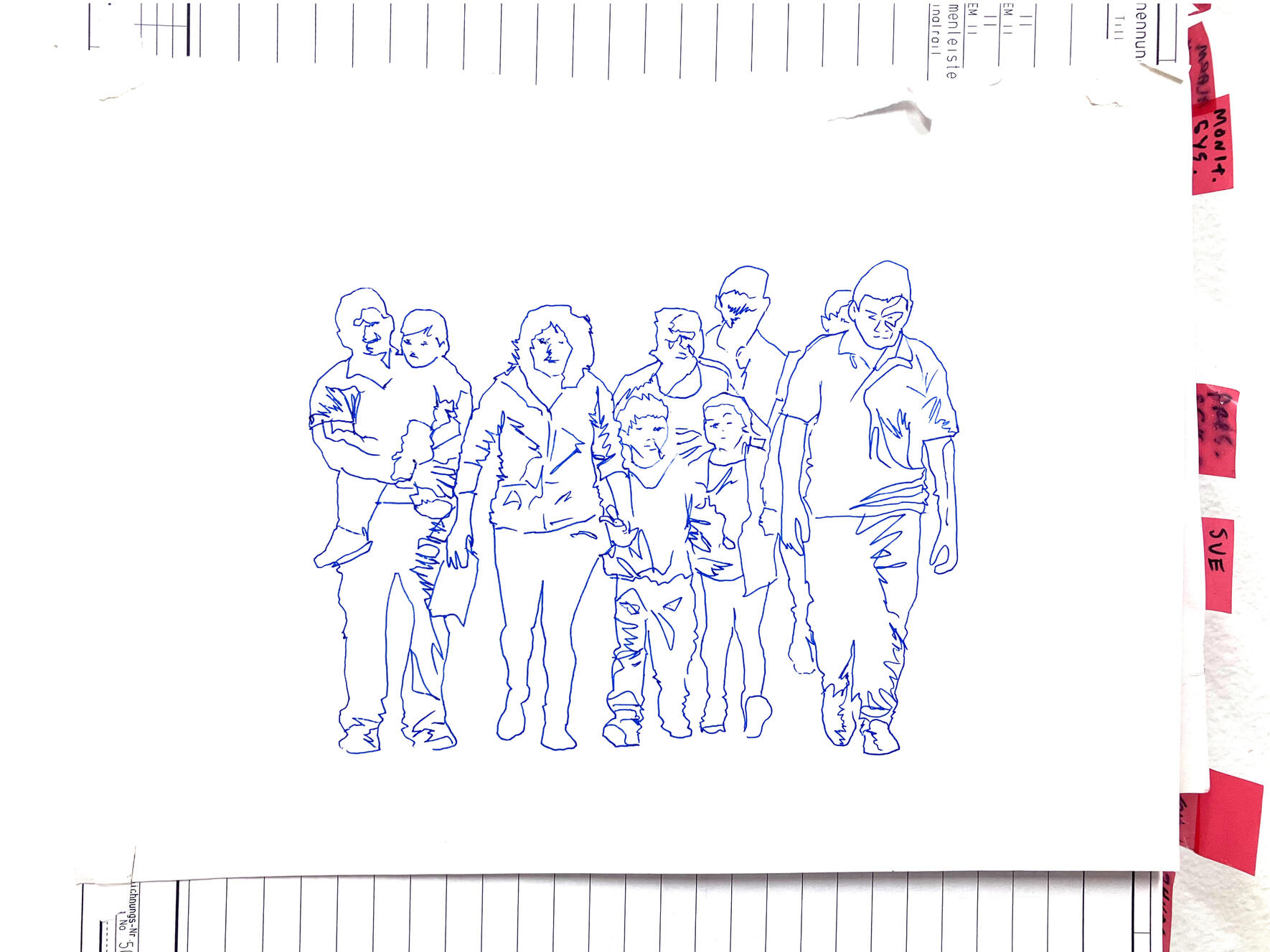 &quot;Migrant Family Dessert Crossing&quot;, 2024, ink, paper on mechanical drawings book, 14&quot; × 26&quot;.