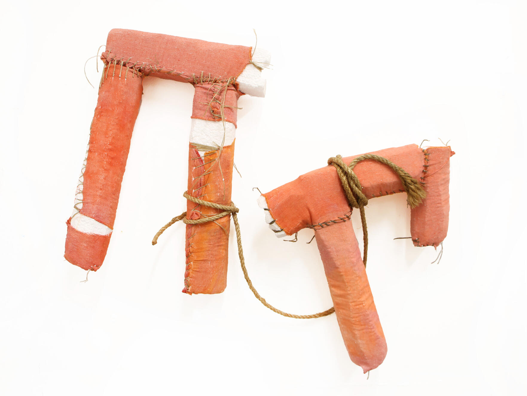 &quot;Life Jacket 2 and 3&quot;, 2023, shop rag, sinew, styrofoam, rope, 36&quot; × 24&quot;.