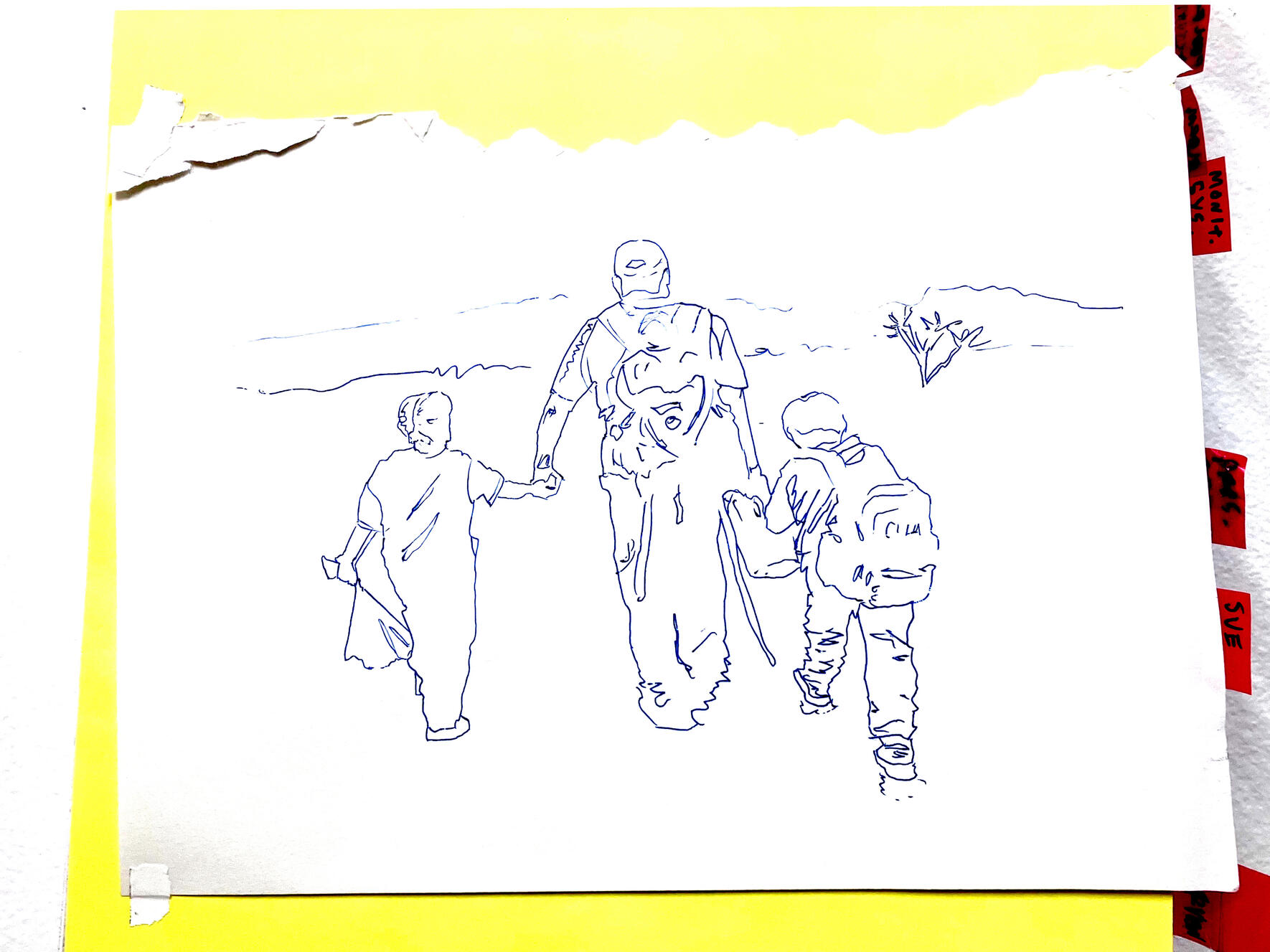 "Migrant Family Dessert Crossing #2", 2024, ink, paper on mechanical drawings book, 14" × 26".