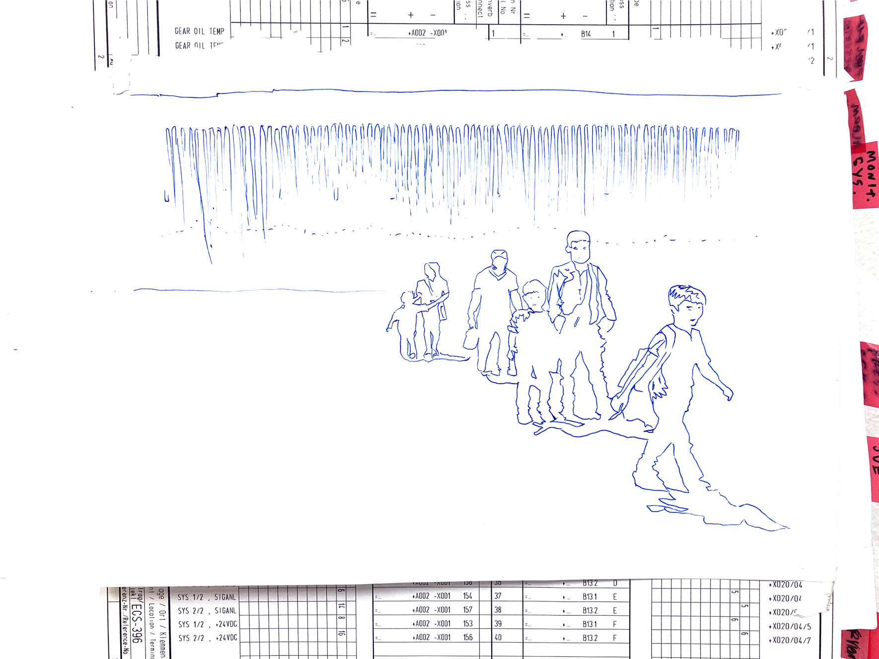 &quot;Migrant Family Dessert Crossing #3&quot;, 2024, ink, paper on mechanical drawings book, 14&quot; × 26&quot;.