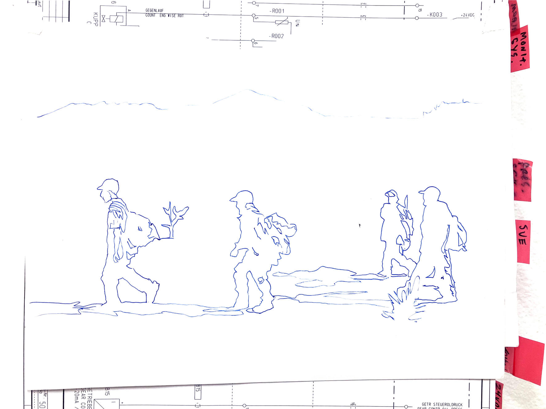 "Migrant Family Dessert Crossing #4", 2024, ink, paper on mechanical drawings book, 14" × 26".